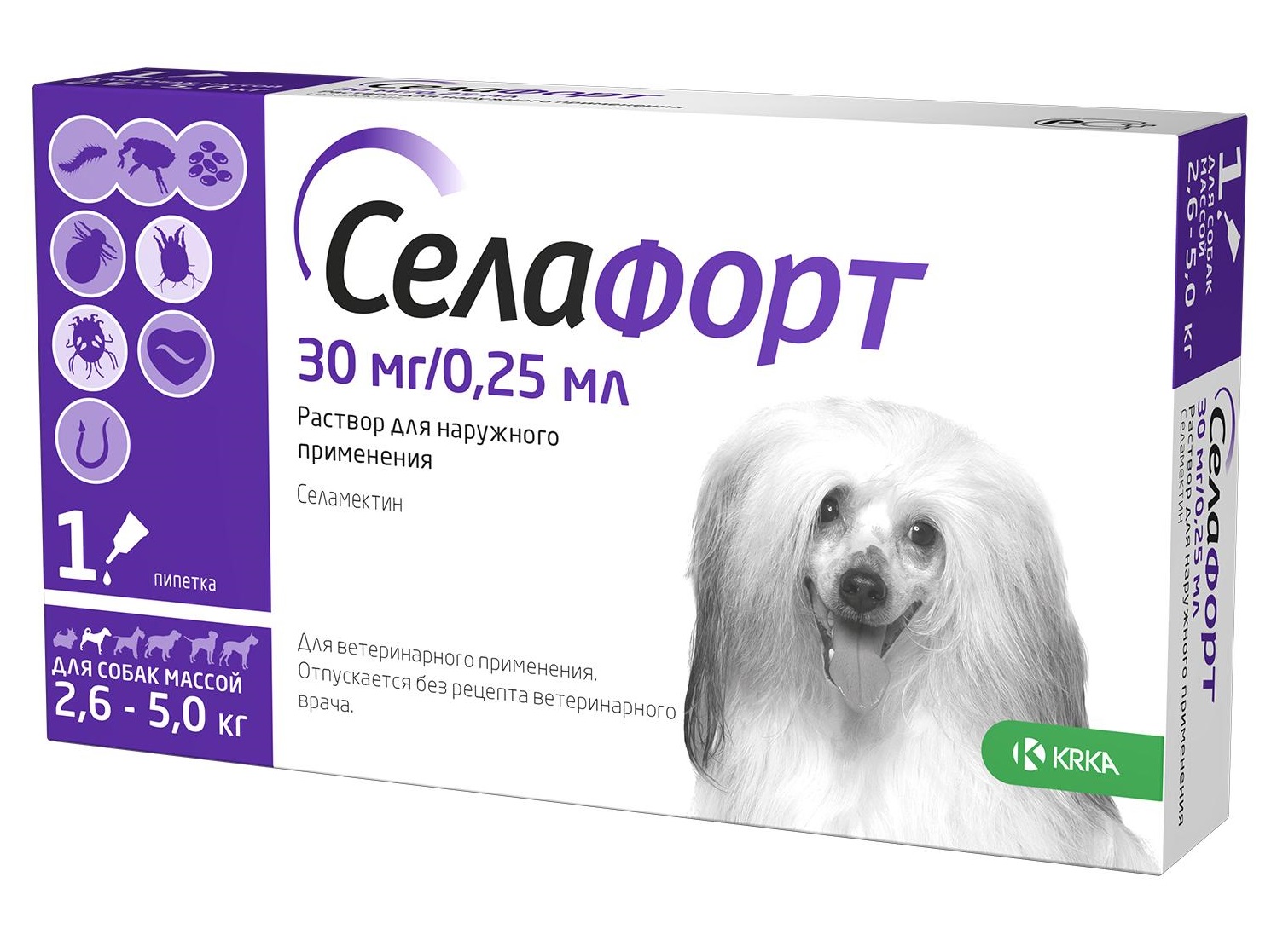 СЕЛАФОРТ 12% (Селамектин) для собак 2,5 - 5 кг (1 пипетка 0.25 мл = 30 мг) KRKA - фото