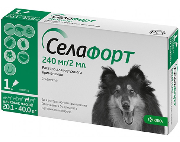 СЕЛАФОРТ 12% (Селамектин) для собак 20,1 - 40 кг (1 пипетка 2 мл = 240 мг) KRKA - фото