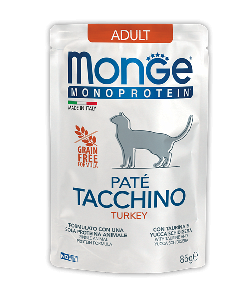 MONGE CAT MONO PATE Adult Turkey (пауч 85 г) индейка, монопротеиновый паштет для взр. кошек - фото