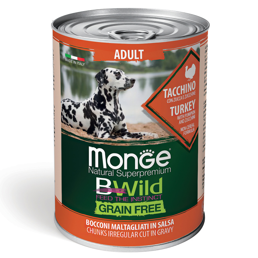 MONGE DOG BWild Adult Turkey (банка 400 г) из индейки с тыквой и кабачками для взр. собак - фото