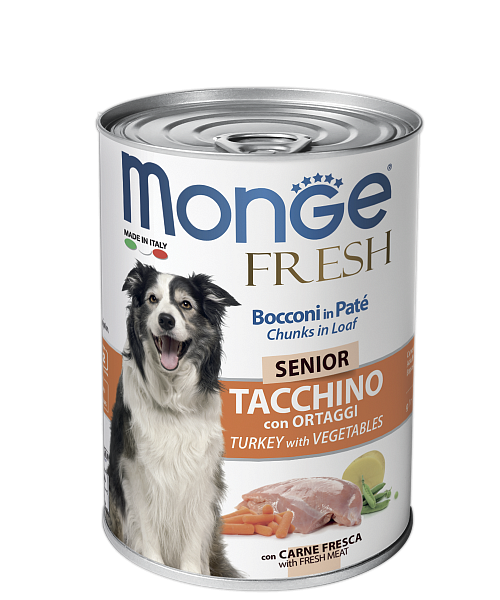 MONGE FRESH Dog Senior Turkey & Vegetables (банка 400 г) рулет с индейкой и овощами для пожилых собак - фото
