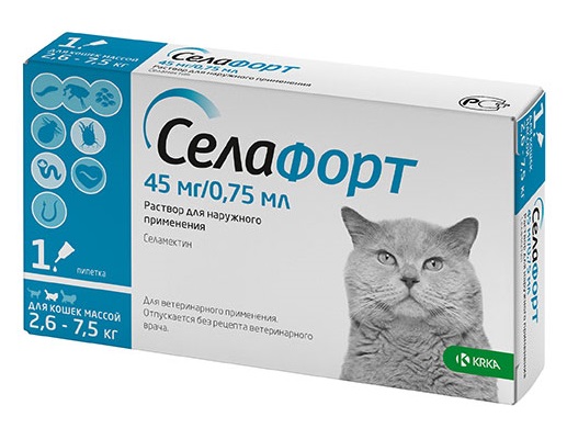 СЕЛАФОРТ 6% (Селамектин) для кошек 2,5 - 7,5 кг (1 пипетка 0,75 мл = 45 мг) KRKA - фото
