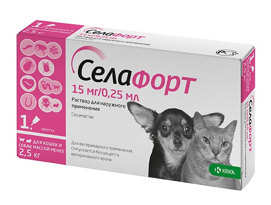 СЕЛАФОРТ 6% (Селамектин) для кошек и собак до 2,5 кг (1 пипетка 0.25 мл = 15 мг) KRKA - фото