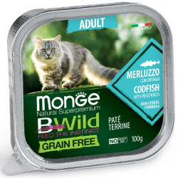 MONGE CAT BWild GF Adult Codfish (лоток 100 г) паштет с треской и овощами для взр. кошек  - фото