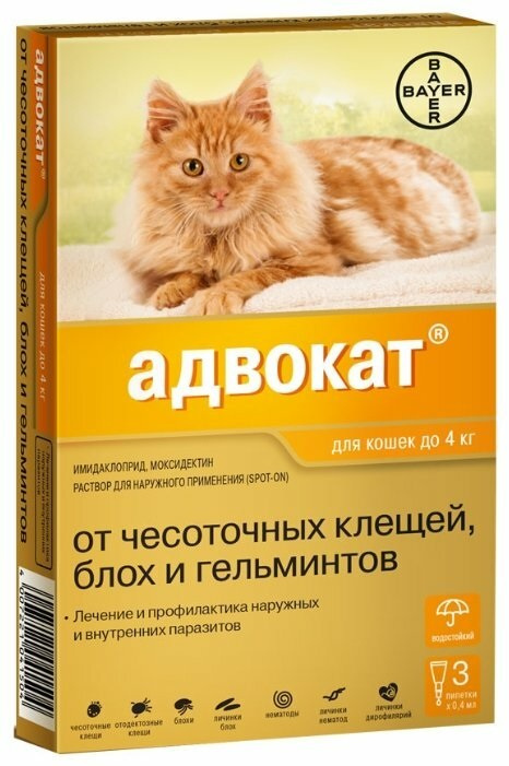 АДВОКАТ (ADVOCATE) Капли на холку для кошек массой до 4 кг (1 пипетка х 0,4 мл) Bayer-Elanco (Имидаклоприд 10% + моксидектин 1%) - фото