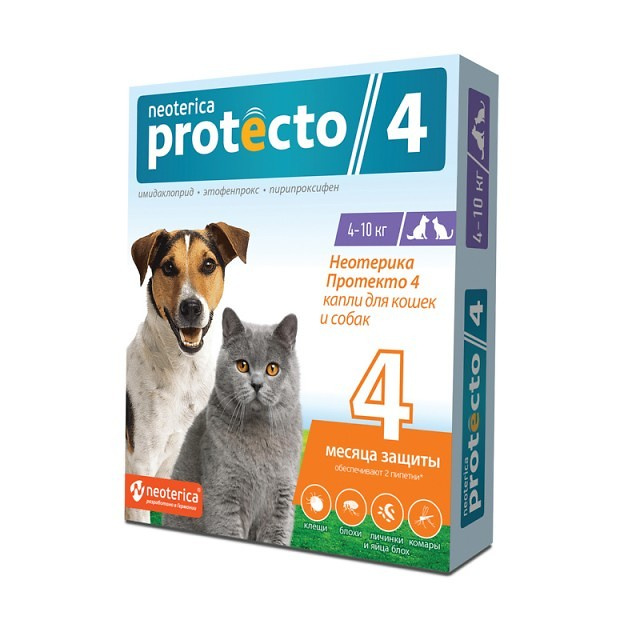 ПРОТЕКТО 4 (Protecto) Капли на холку для собак и кошек 4-10 кг (1 пипетка х 1 мл) Экопром-Neoterica (Имидаклоприд + этофенпрокс + пирипроксифен)    - фото