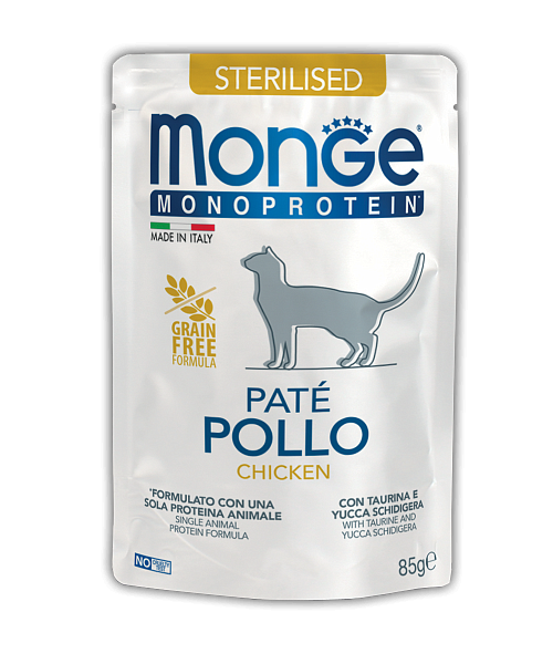 MONGE CAT MONO PATE Sterilised Chiken (пауч 85 г) курица, монопротеиновый паштет для стерил. кошек - фото