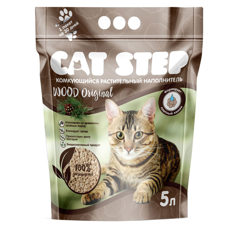 CAT STEP Wood Original (5 л) Наполнитель комкующийся растительный - фото2