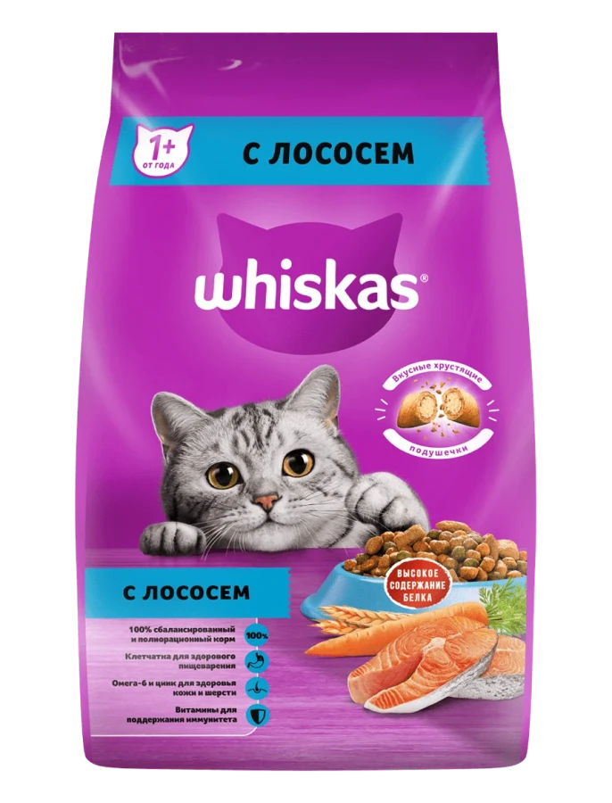 WHISKAS «Подушечки с паштетом. Аппетитный обед с лососем» (1 кг на развес) для взрослых кошек - фото