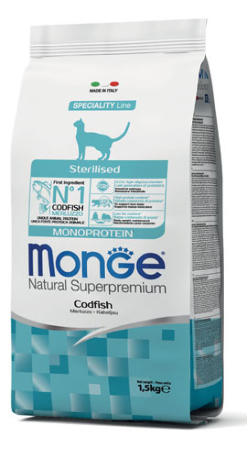 MONGE CAT MONOPROTEIN Sterilised Codfish (1,5 кг) с треской для стерилизованных кошек - фото