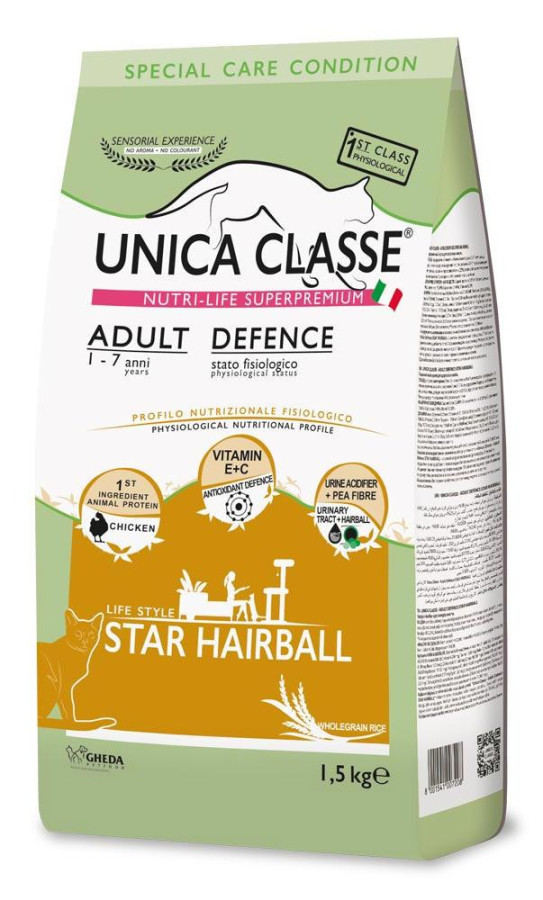 UNICA CLASSE Adult Defence STAR HAIRBALL (1,5 кг) для взрослых кошек, курица - фото