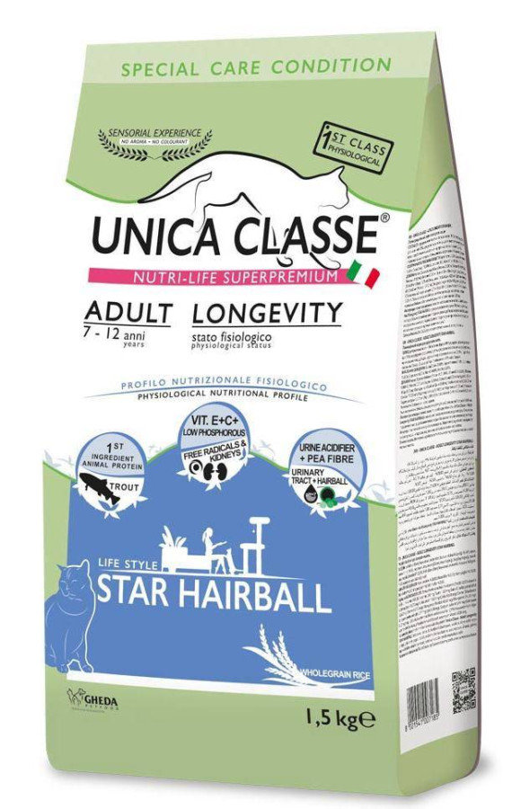 UNICA CLASSE Adult Longevity STAR HAIRBALL (1,5 кг) для взрослых кошек, форель - фото