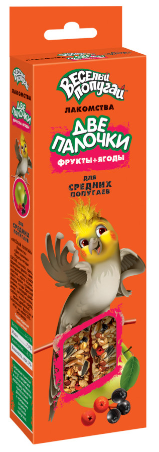 ВЕСЕЛЫЙ ПОПУГАЙ Две палочки (фрукты+ягоды) для средних попугайчиков (2 х 35 г) Зоомир - фото, картинка ВЕСЕЛЫЙ ПОПУГАЙ Две палочки (фрукты+ягоды) для средних попугайчиков (2 х 35 г) Зоомир - фото