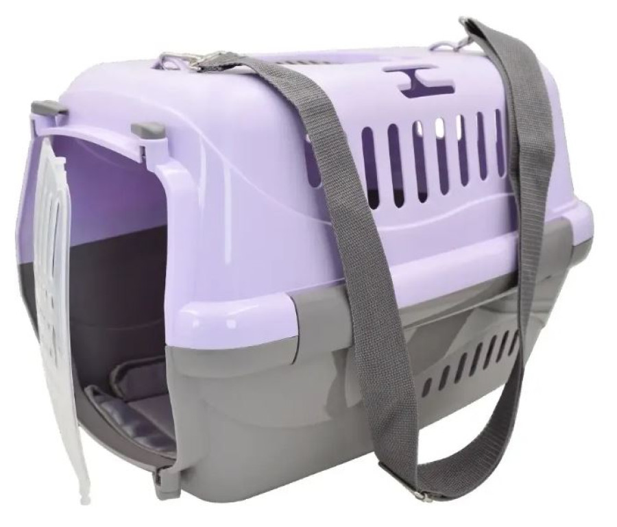 ЗООЭКСПРЕСС Переноска ТУРНЕ S с прозрачной дверцей (коврик + ремень), фиолетовая (42 х 29 х 29,5 см) - фото