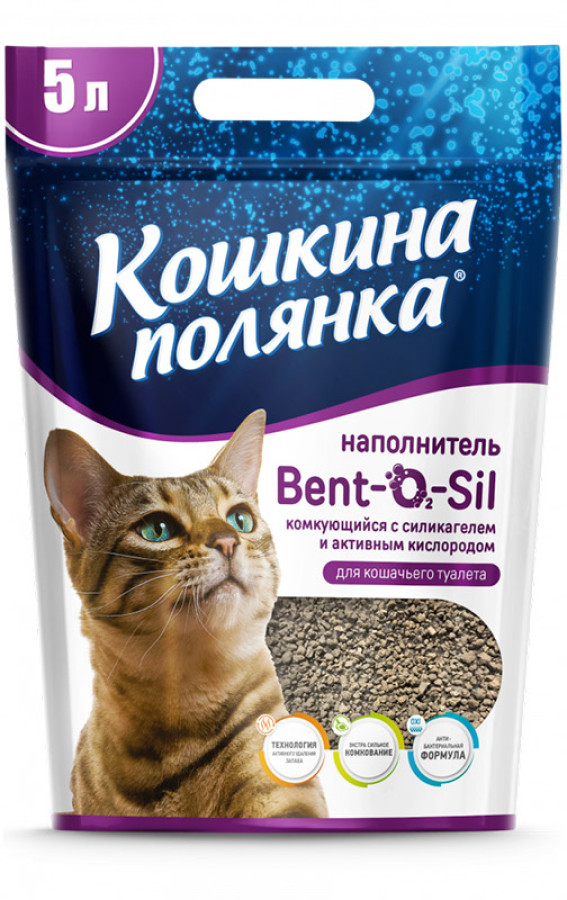 КОШКИНА ПОЛЯНКА Наполнитель комкующийся BENT-02-SIL с силикагелем и активным кислородом (5 л) - фото