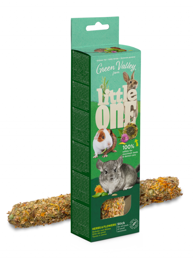 LITTLE ONE Зеленая долина (180 г) Полностью съедобная беззерновая палочка для травоядных животных, с травами и цветами - фото
