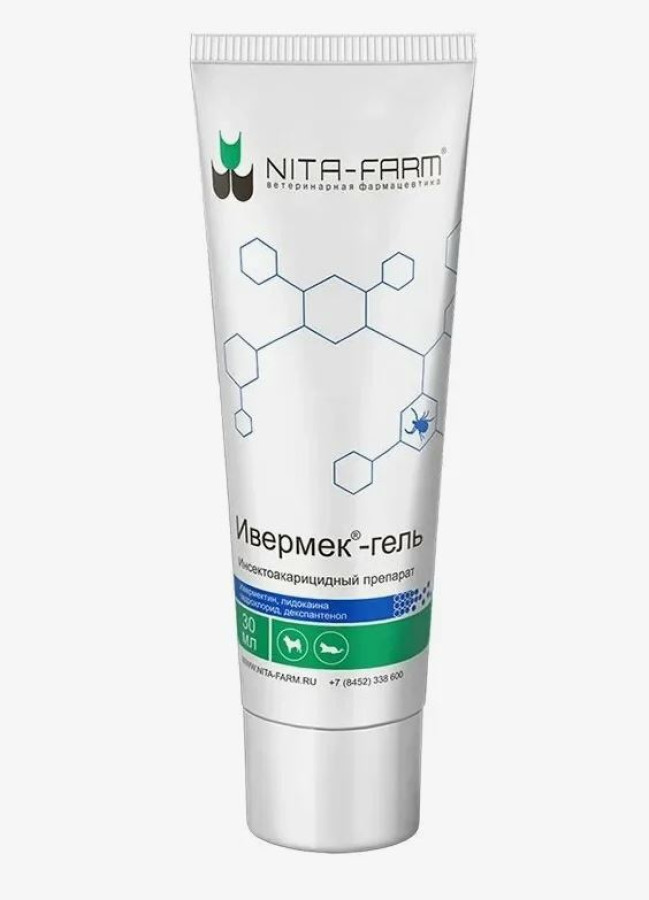 ИВЕРМЕК-ГЕЛЬ Противопаразитарный препарат (30 мл) Nita-farm (Ивермектин 0,1% + пантенол 1,5% + лидокаин 5%) - фото