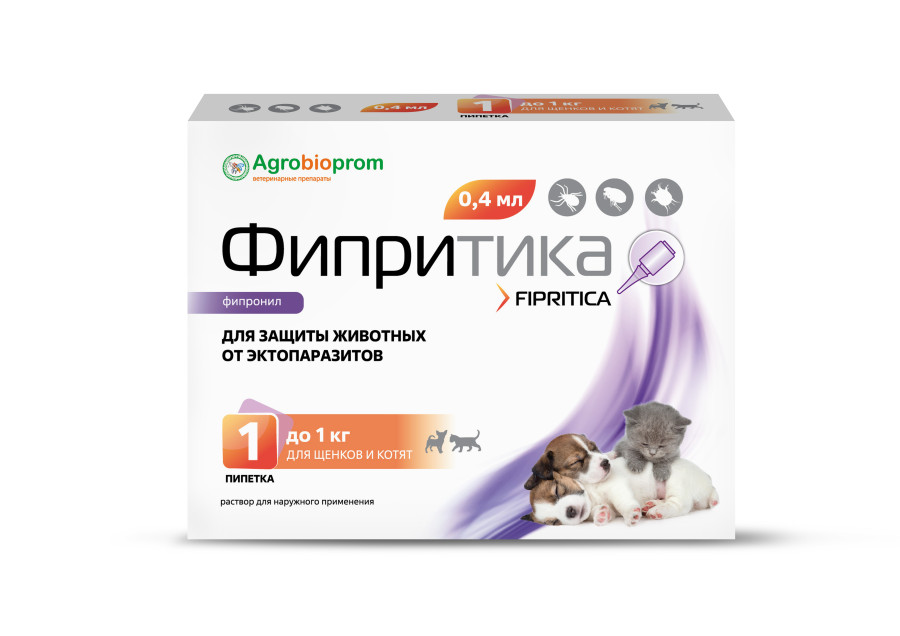 ФИПРИТИКА Капли на холку для щенков и котят (1 пипетка х 0,4 мл) Агробиопром (фипронил - 10 мг) - фото
