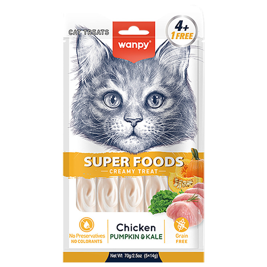 WANPY SUPER FOODS Нежное пюре из курицы с тыквой и кейлом для кошек (5 х 14 г) - фото