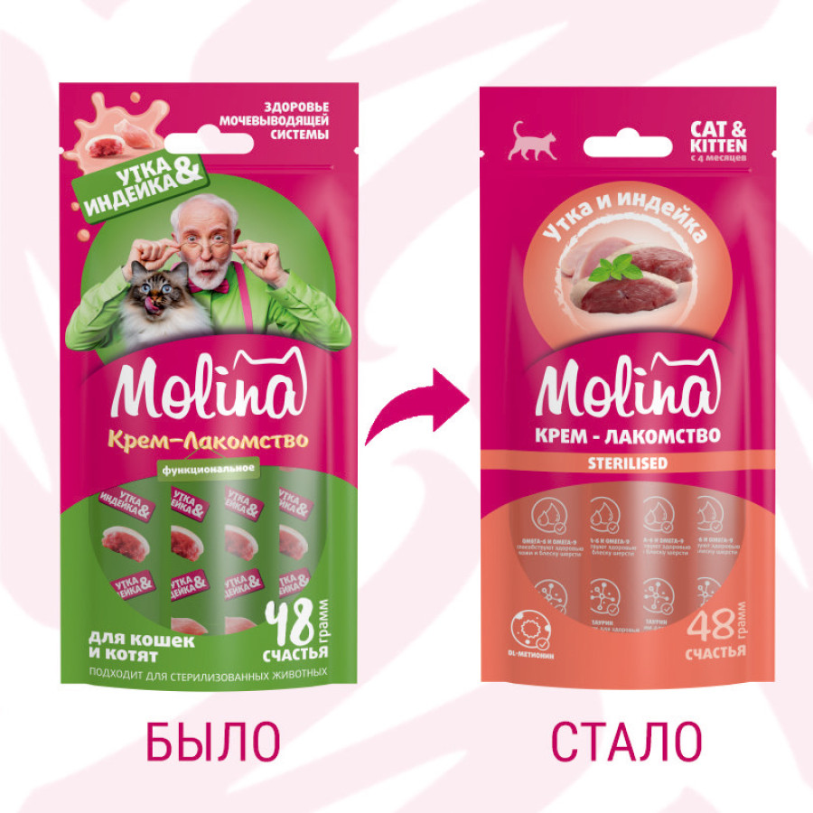 MOLINA Крем-лакомство с уткой и индейкой для кошек Sterilised. Здоровье мочевыводящей системы (48 г = 4 х 12 г) - фото2