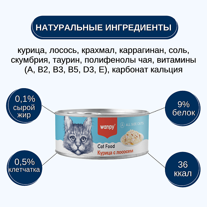 WANPY Cat Курица с лососем для кошек (баночка 95 г) - фото3