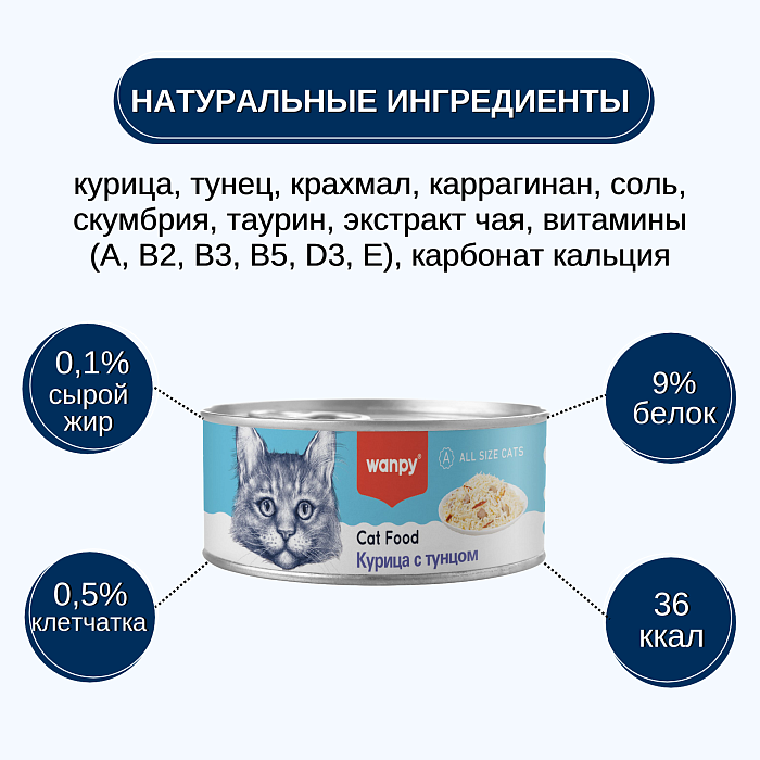 WANPY Cat Курица с тунцом для кошек (баночка 95 г) - фото3