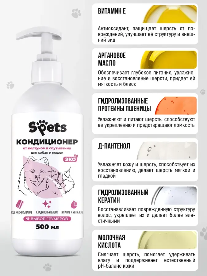 SPETS Кондиционер для шерсти собак и кошек, от колтунов (500 мл) - фото2