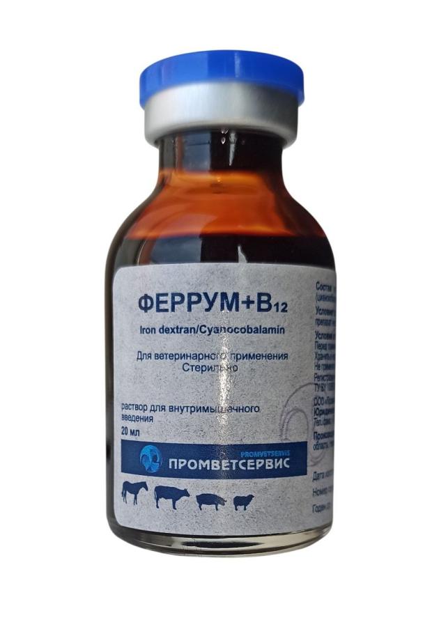 ФЕРРУМ + В12 Раствор для инъекций (20 мл) Промветсервис ( Железо (III) 100 мг + витамин В12 4 мкг) - фото