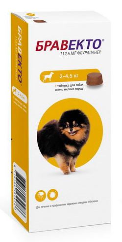 БРАВЕКТО (Bravecto) Жевательная таблетка для защиты собак от клещей и блох (112,5 мг/2-4,5 кг) MSD (Флураланер) - фото