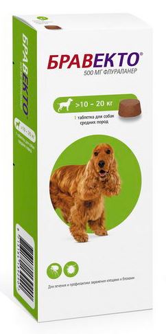 БРАВЕКТО (Bravecto) Жевательная таблетка для защиты собак от клещей и блох (500 мг/10-20 кг) MSD (Флураланер) - фото