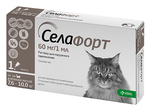 СЕЛАФОРТ 6% (Селамектин) для кошек 7,5 - 10 кг (1 пипетка 1 мл = 60 мг) KRKA - фото