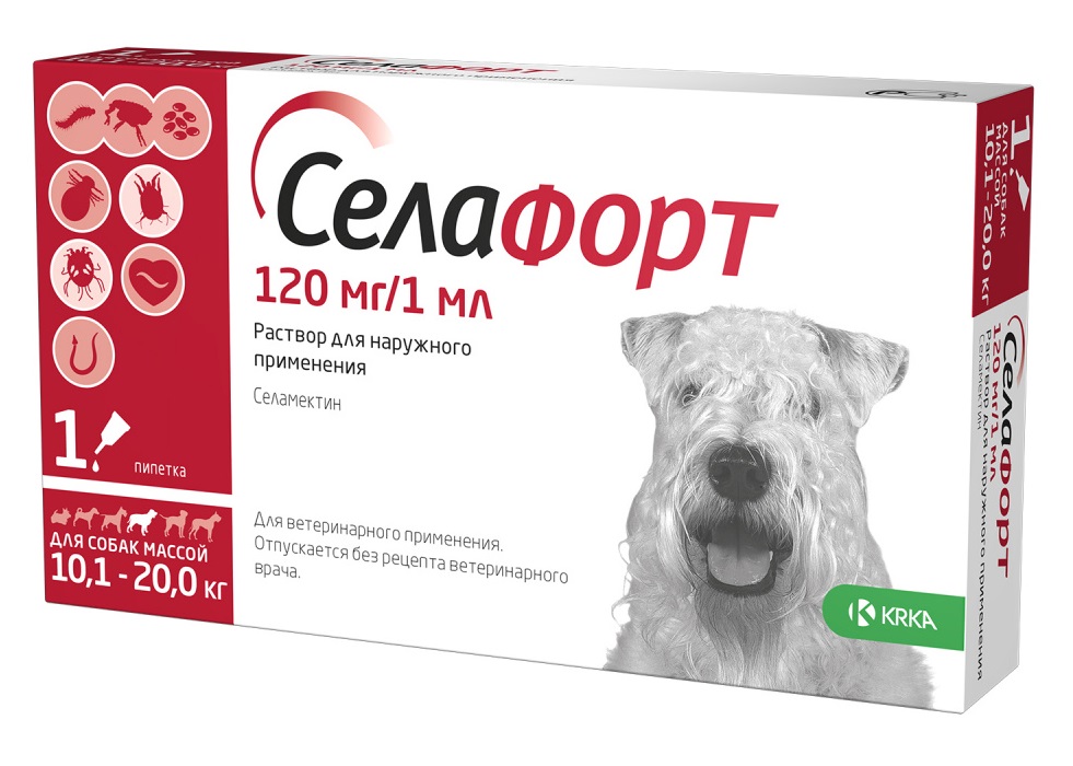 СЕЛАФОРТ 12% (Селамектин) для собак 10,1 - 20 кг (1 пипетка 1 мл = 120 мг) KRKA - фото