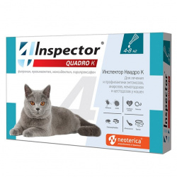 ИНСПЕКТОР Quadro K Капли на холку для кошек 4- 8 кг (1 пипетка х 0,8 мл) Экопром-Neoterica (Фипронил 10,7% + празиквантел 4,28% + пирипроксифен 2,14% + моксидектин 1,07%) - фото