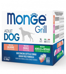 MONGE DOG Grill MULTIBOX (12 х 100 г) свинина, лосось, ягненок и овощи, набор паучей для собак - фото