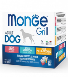 MONGE DOG Grill MULTIBOX (12 х 100 г) говядина, треска, цыпленок и индейка, набор паучей для собак - фото