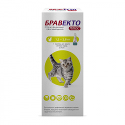 БРАВЕКТО Плюс (Bravecto Plus) Капли на холку для кошек 1,2 - 2,8 кг (1 пипетка 0,4 мл) MSD (Флураланер 28% + моксидектин 1,4%) - фото