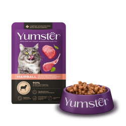 YUMSTER Hairball Мясные кусочки с ягненком и травами в соусе для кошек (пауч 85 г) - фото