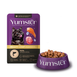 YUMSTER Beauty Coat Мясные кусочки с лососем и льном в соусе для кошек (пауч 85 г) - фото