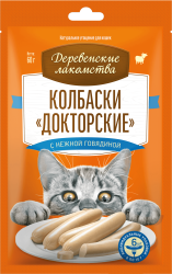 ДЕРЕВЕНСКИЕ ЛАКОМСТВА Колбаски «Докторские» с нежной говядиной, для кошек (60 г) - фото
