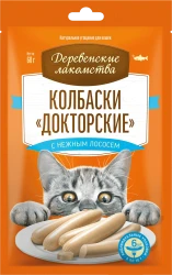 ДЕРЕВЕНСКИЕ ЛАКОМСТВА Колбаски «Докторские» с нежным лососем, для кошек (60 г) - фото