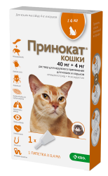 ПРИНОКАТ для кошек до 4 кг (1 пипетка 0,4 мл, 40/4 мг) KRKA (аналог Адвокат) - фото