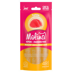 MOLINA Крем-лакомство с тунцом для кошек Skin & Coat. Здоровая кожа, густая и блестящая шерсть (48 г = 4 х 12 г) - фото